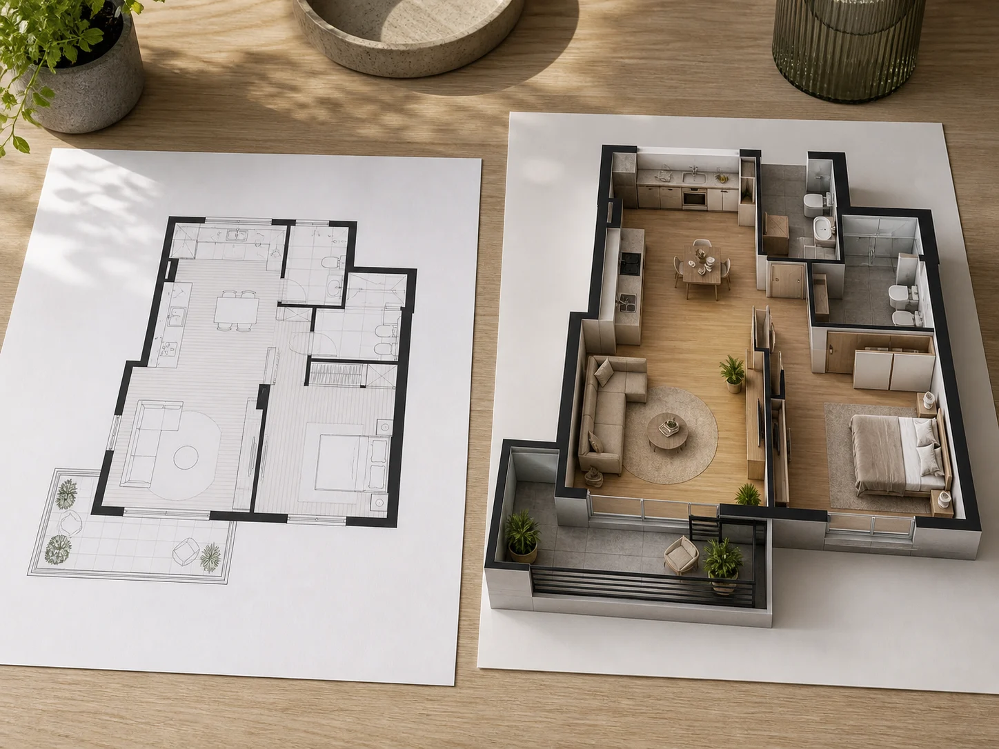Two dimensional floor plan transitioning into a furnished 3D render in a video