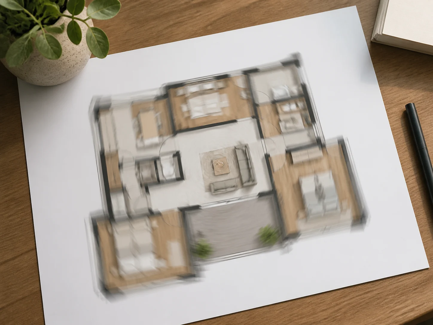 Single floor plan animated with a cinematic drone camera move
